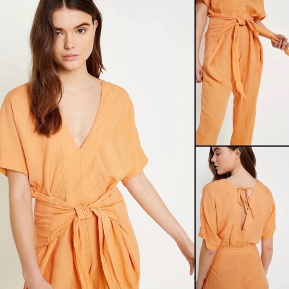 Free People Shining Sun Wrap Linen Jumpsuit Romper Playsuit Orange Cutout Sz L - Picture 2 of 12